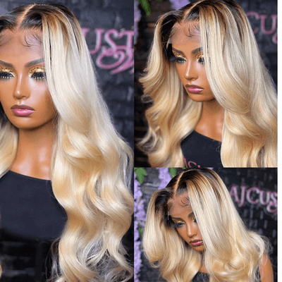 Women Brazilian Remy transparent lace wavy wig with ombre blonde color and pre-plucked natural hairline