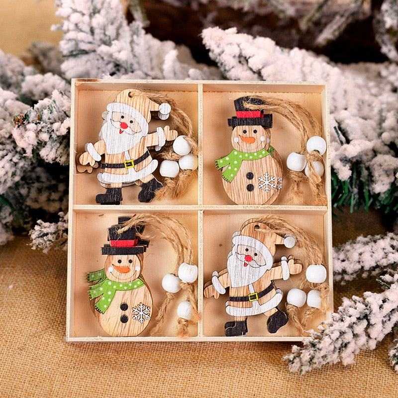 Set of 12 hanging Christmas ornaments featuring Santa Claus and snowman designs in a wooden box for festive home decoration