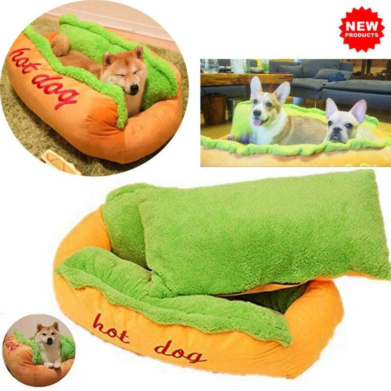 Cozy hot dog-shaped pet bed with soft green and orange fabric for dogs and cats