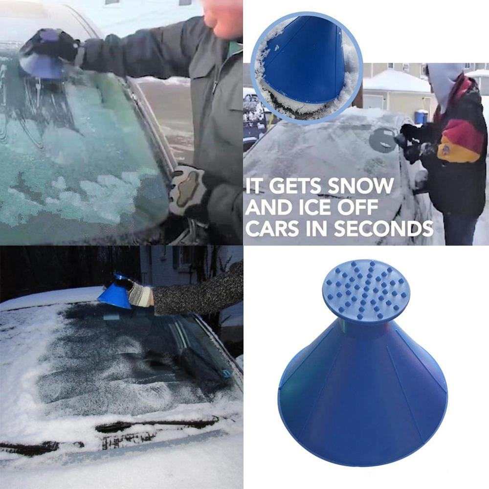 Blue cone-shaped windshield car ice scraper with spiked end for breaking ice and wide edge for snow removal on car windows