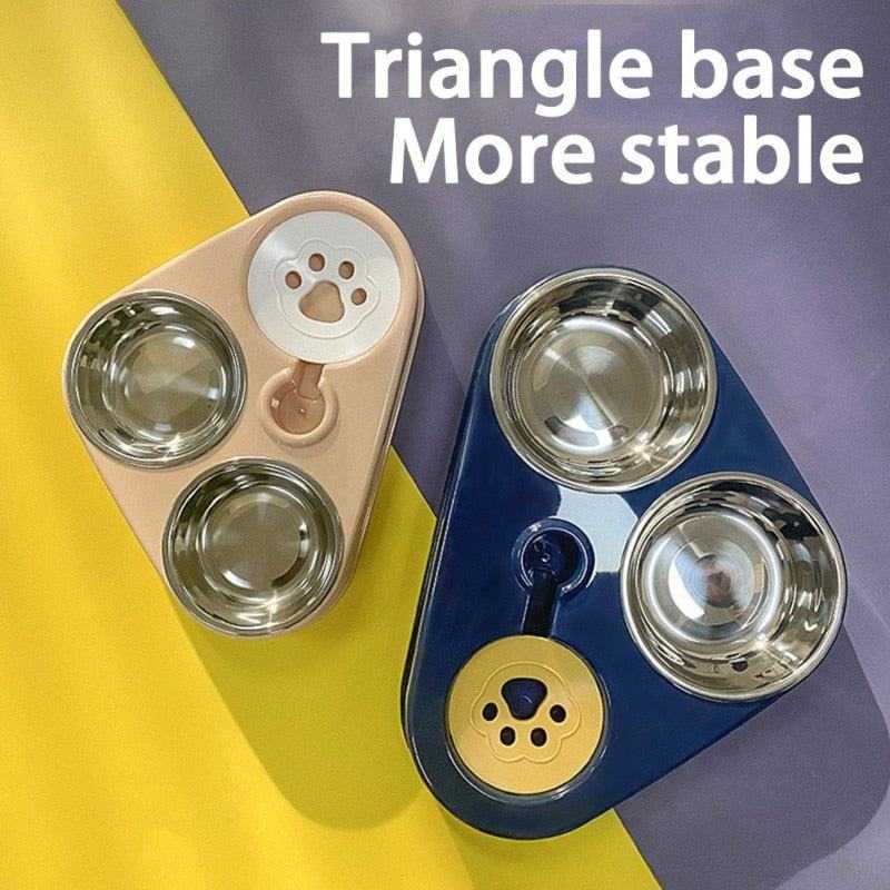 Triangle base pet bowl with water bottle and double stainless steel bowls for dogs and cats