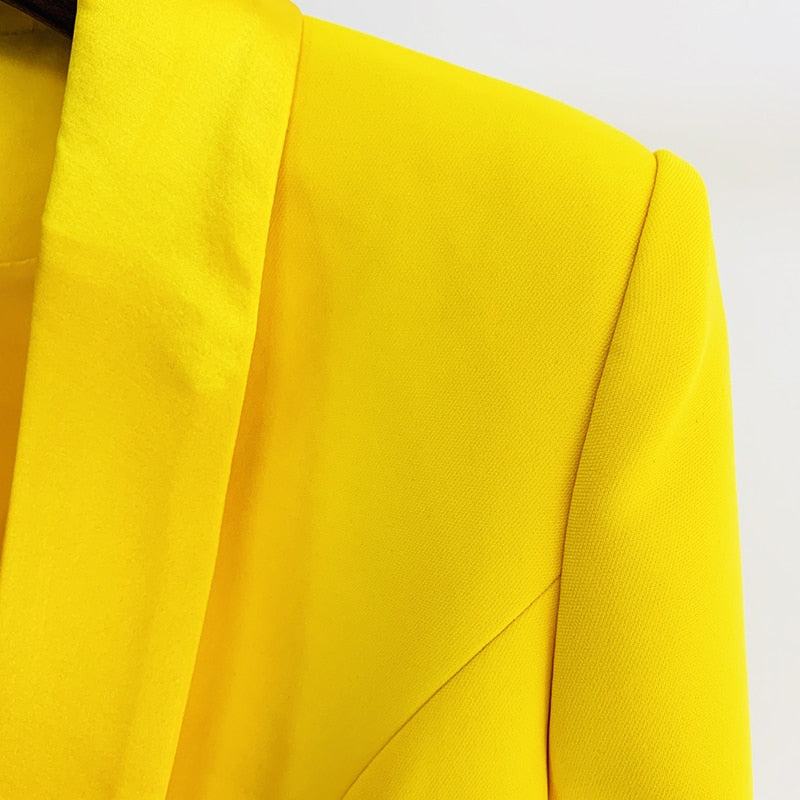 Newest designer long blazer fluorescent yellow satin shawl collar detail