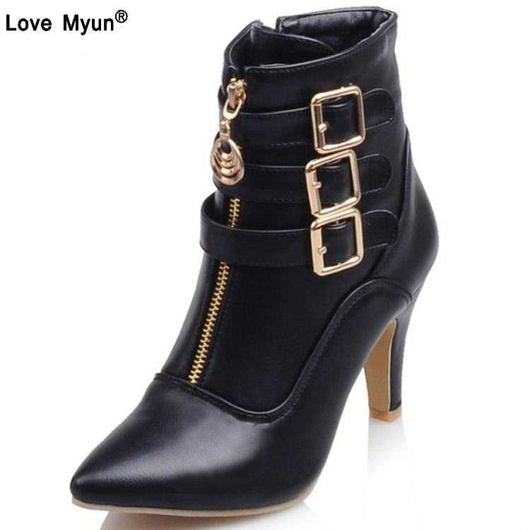 Black ladies high heels spring boots with gold buckles and zipper, mid-calf height, elegant style