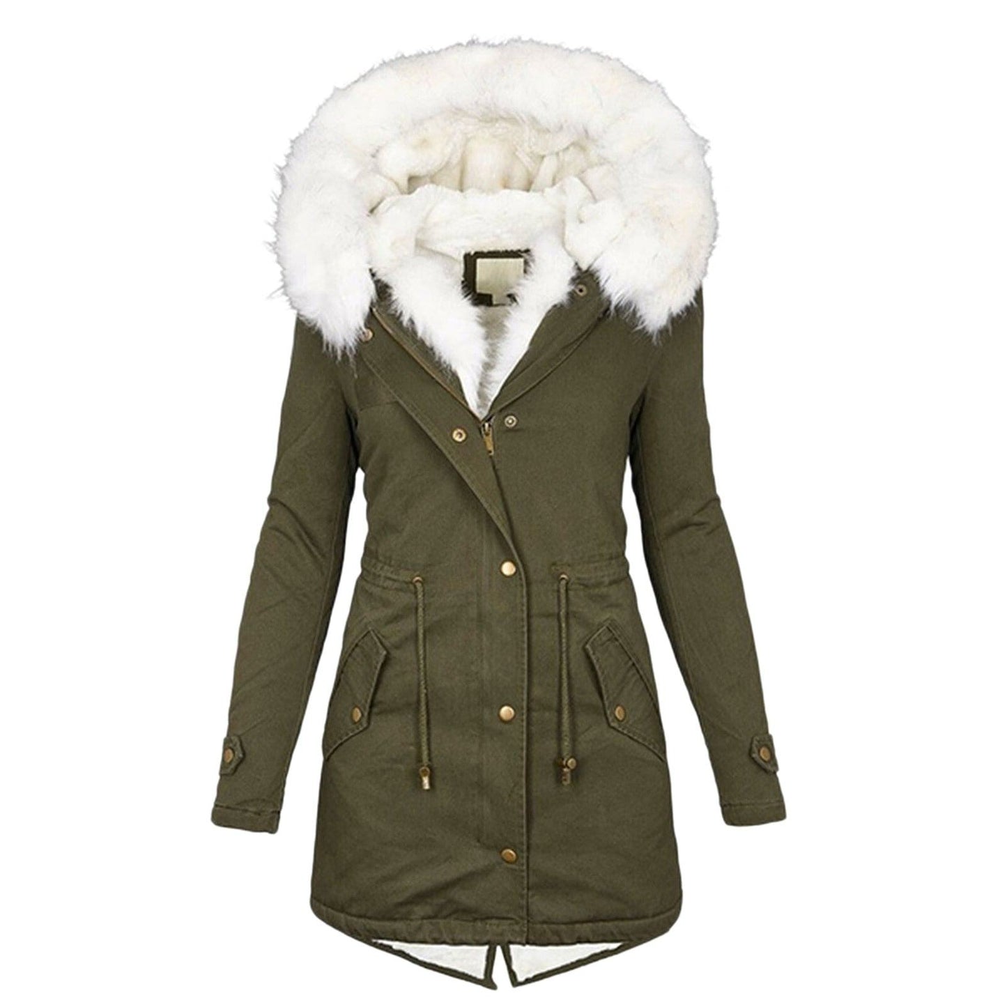olive green winter women jacket with white fur hood and long sleeves medium size