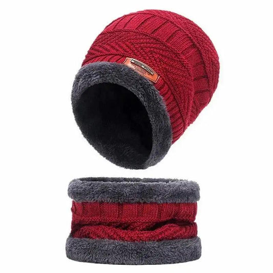 Red knit winter hat and neck warmer set for men with gray fleece lining, warm and durable winter hats for men.