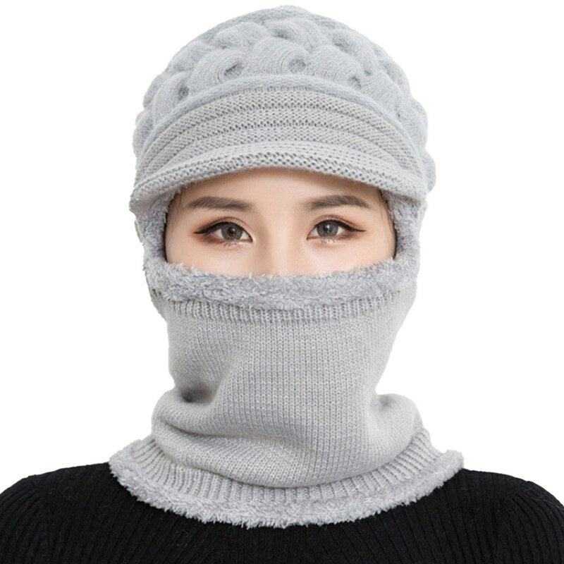 Gray women's double layers winter hat with built-in face and neck protection