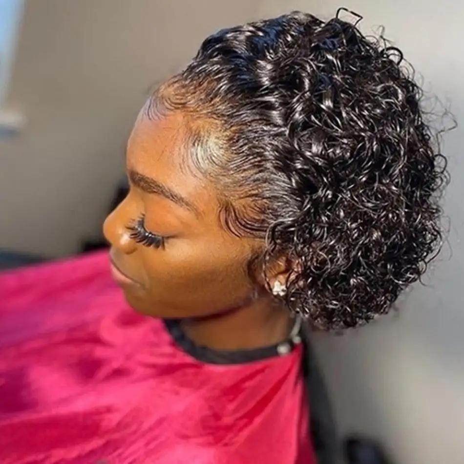 Women's pixie cut wig with short curly Brazilian human hair styled naturally on a model