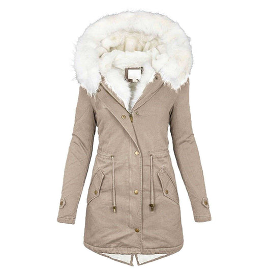Beige winter women jacket with long sleeves and white fur hood, medium size, casual style