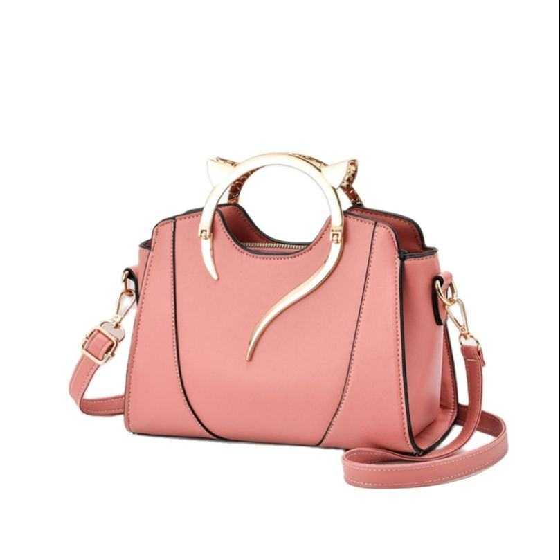 pink high quality female bag with gold cat ear handle and detachable shoulder strap