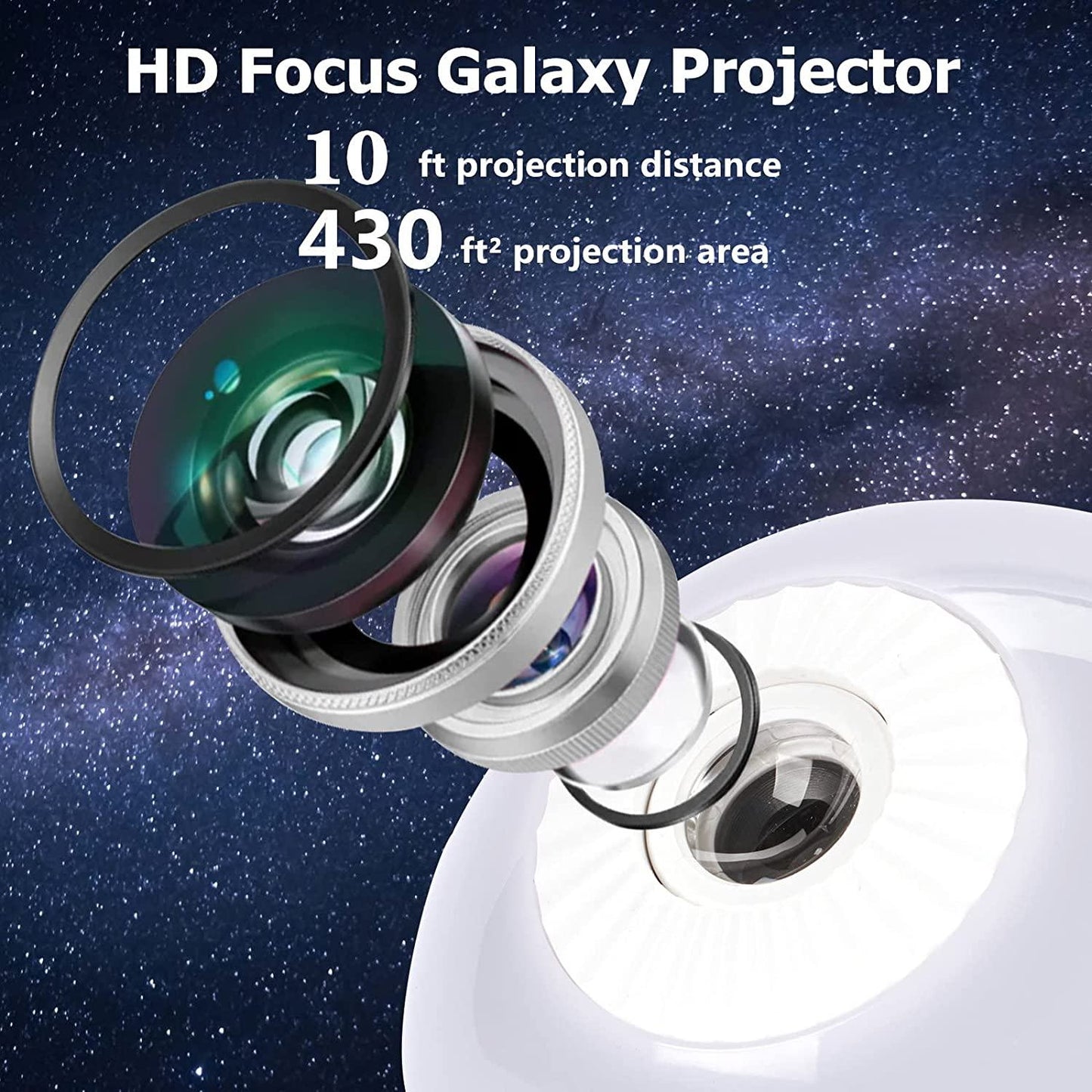 HD LED Galaxy Projector with 10ft projection distance and 430ft² projection area for starry night sky effects