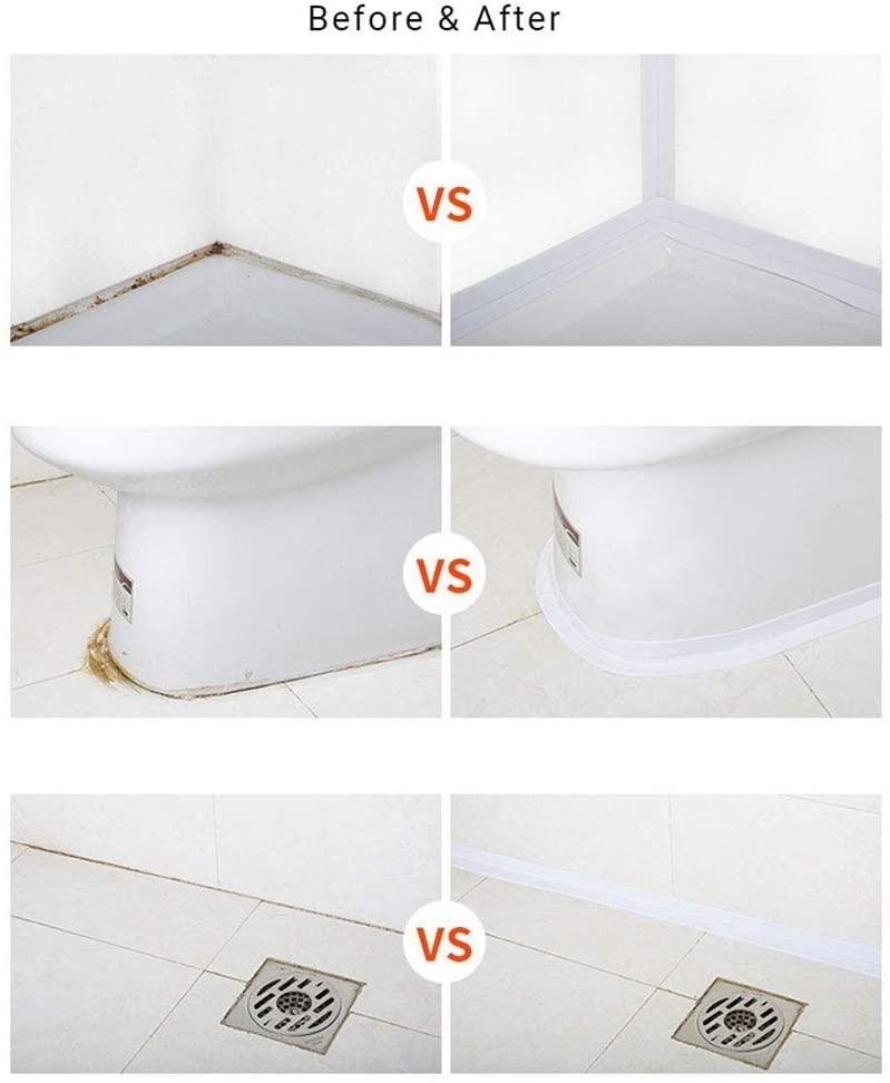 Waterproof tape sealing bathroom and kitchen corners before and after application showing clean, sealed surfaces