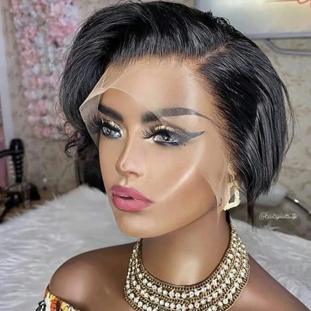Pixie cut short bob wig with natural black straight Remy Brazilian human hair on mannequin with transparent lace front
