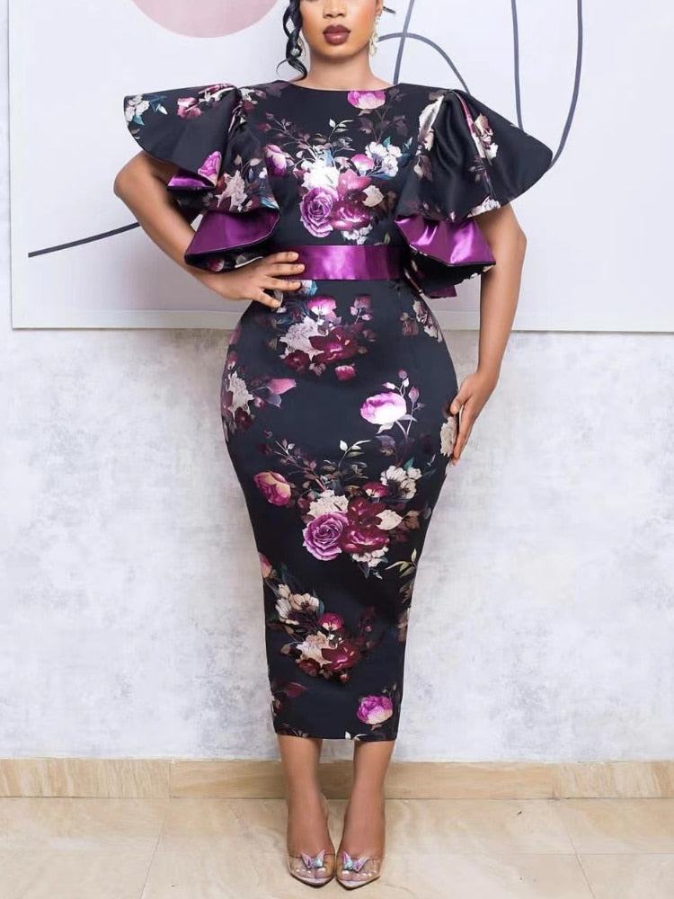 Women's Vintage Print Bodycon Dresses Elegant O Neck Ruffle Short Sleeves Midi Dress with Belt Summer Female Party Club Clothes - Misthere K.