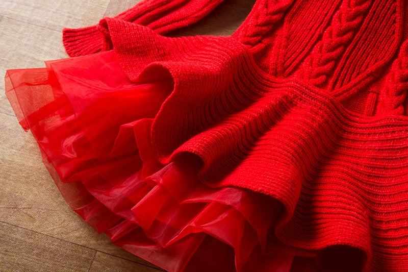 Red kids long sleeve Christmas dress with knitted top and tulle skirt