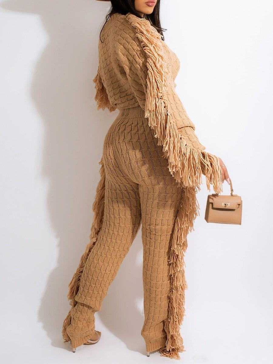 Two Pieces Women's winter warm knitted fringe long sleeve top and fitted pants set in beige