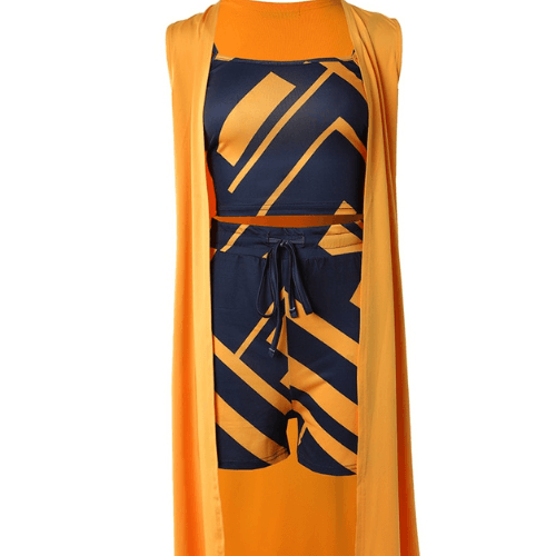 Women 3Pcs Shorts Set with sleeveless vest cardigan in orange and black geometric design