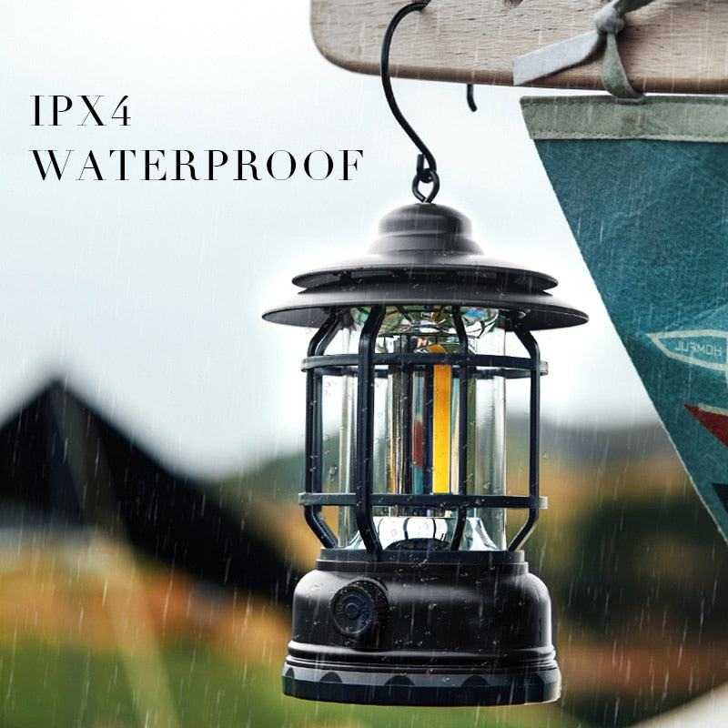 Black rechargeable vintage lantern with LED lights, USB charging, and waterproof design for outdoor camping and hiking.
