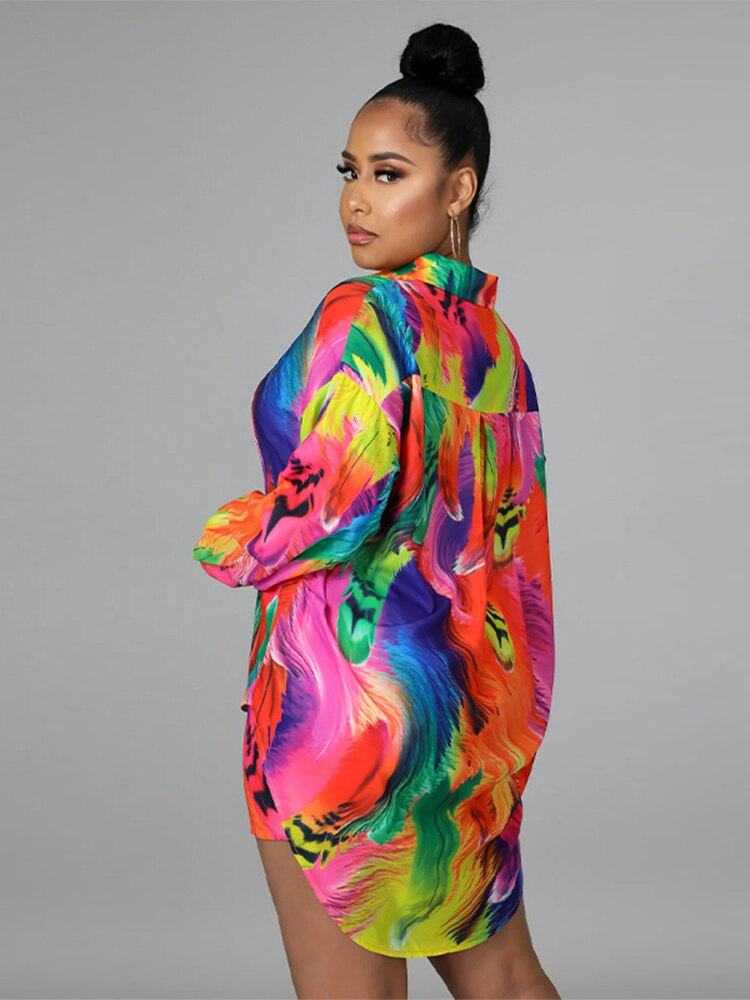 Women casual long sleeve colorful printed loose shirt dress back view