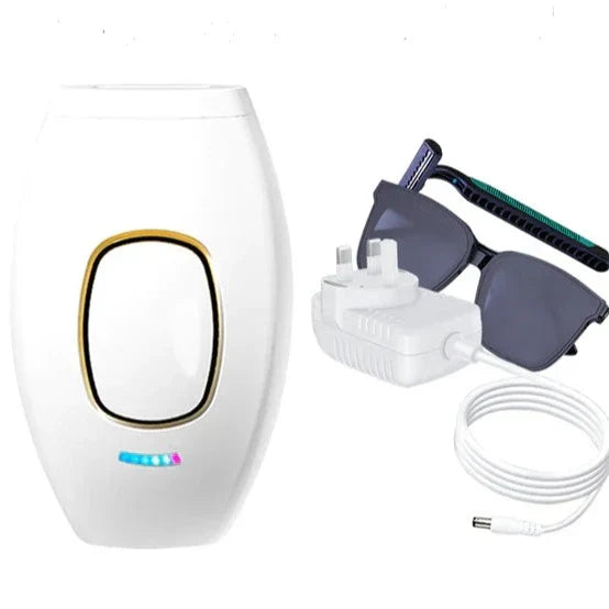 IPL hair removal handset with protective glasses, razor, and power cord for painless, permanent hair removal at home