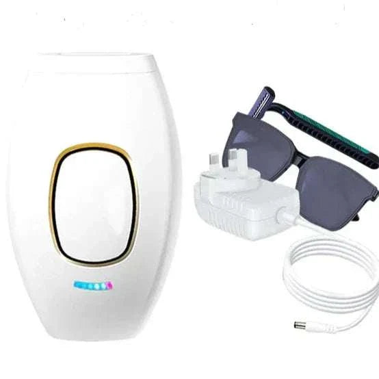 IPL hair removal handset with protective glasses, power adapter, and white cable on a white background