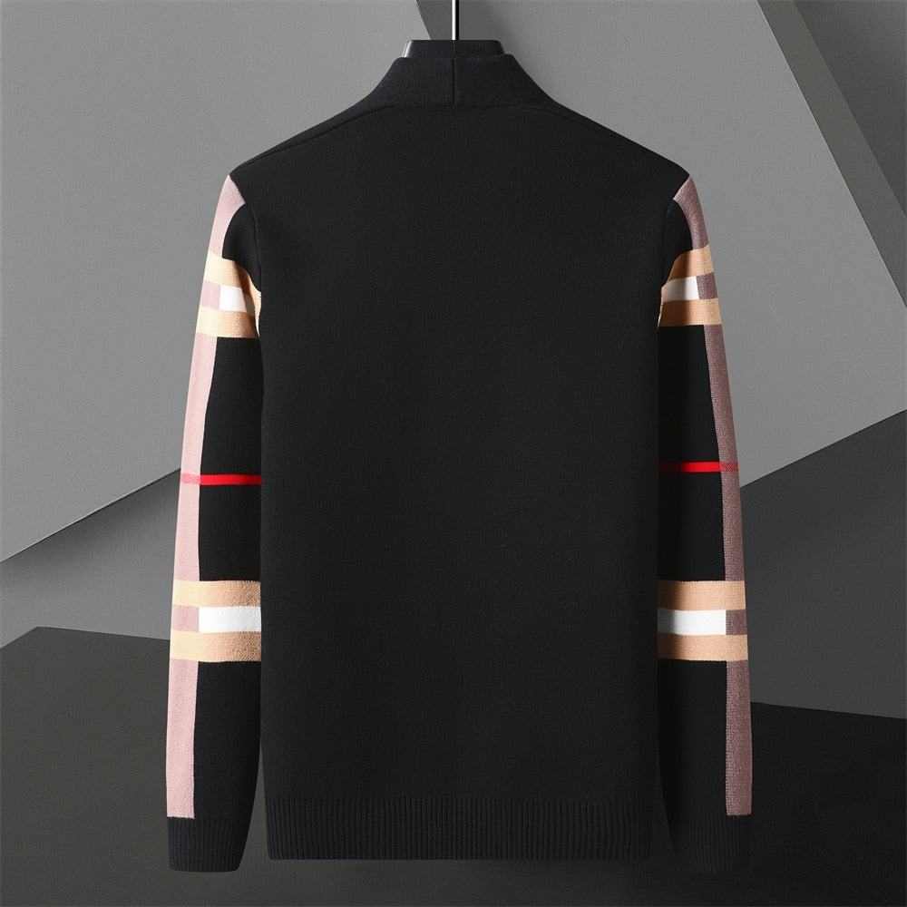 Black winter pocket men's cardigan with beige and red accented sleeves displayed on a hanger