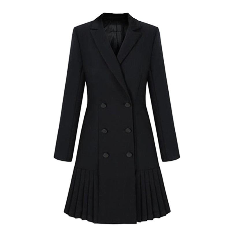 Black women's dress blazer with long sleeves and pleated hem, double-breasted elegant design