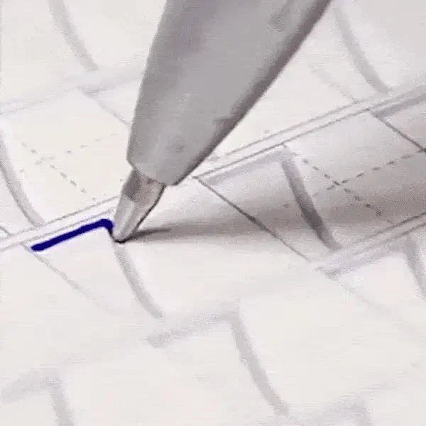 Close-up of pen writing blue lines on handwriting practice sheet for boosting child's handwriting skills