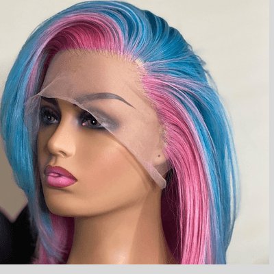 Brazilian Hair HD Lace Front Wig with pink and blue synthetic hair and natural seamless blending