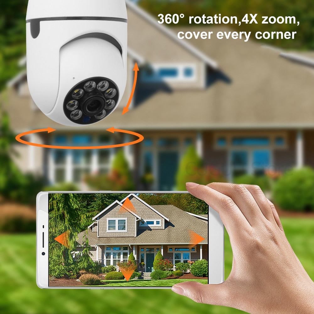 Camera Light Bulb security camera with 360° rotation and 4X zoom controlled remotely via smartphone app for home surveillance