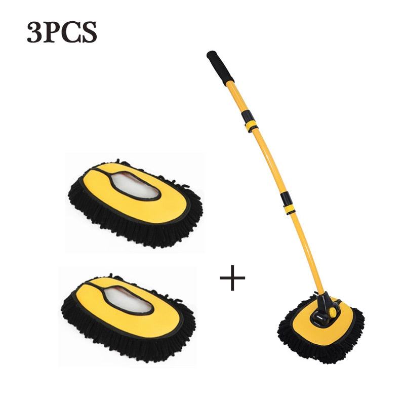 Yellow and black car cleaning mop with telescoping handle and chenille mop heads, 3-piece set for versatile vehicle washing