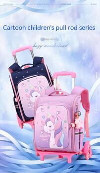 Pink cartoon school backpack with unicorn design for elementary girls, durable nylon material and pull rod trolley option