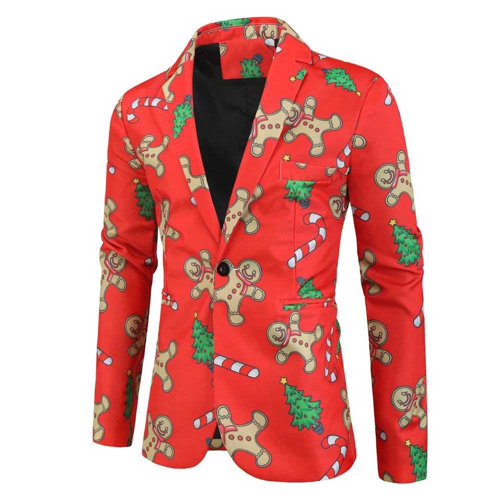Red Christmas blazer jacket for men with gingerbread men, candy canes, and Christmas tree print design