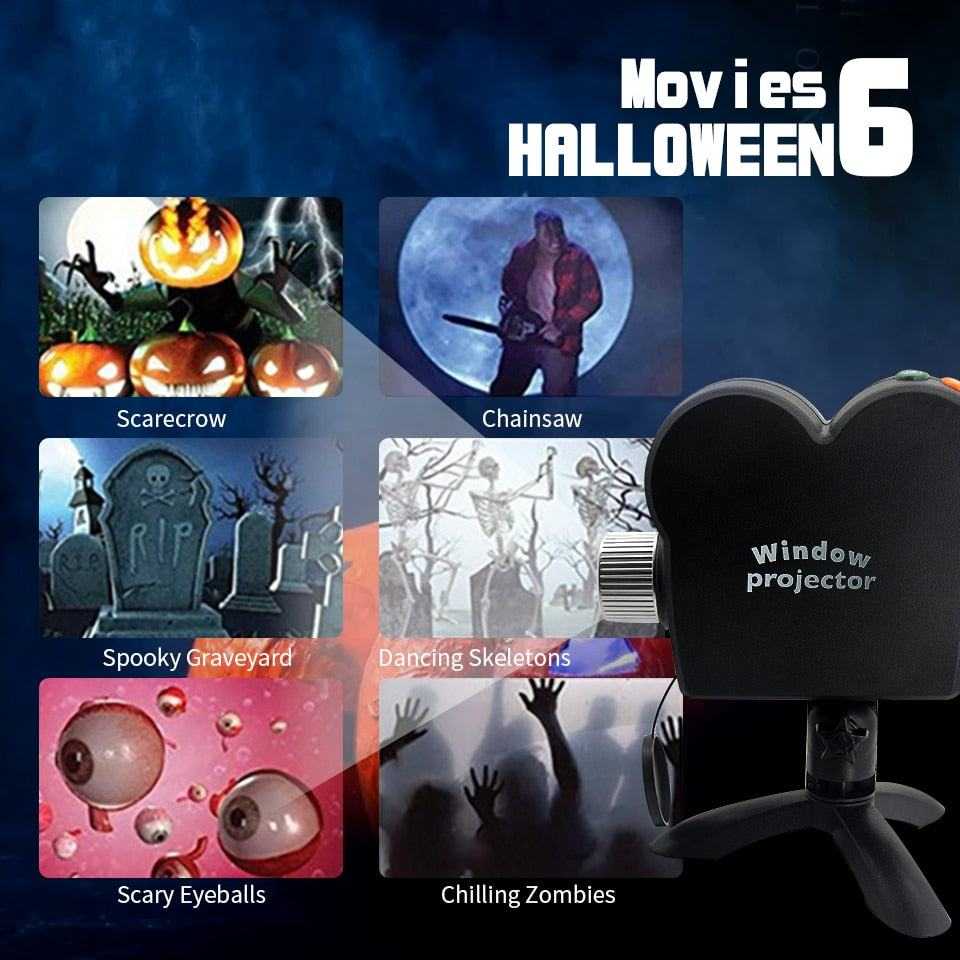 Halloween Christmas projector light showing 6 spooky Halloween movie scenes including scarecrow, chainsaw, spooky graveyard, dancing skeletons, scary eyeballs, and chilling zombies.