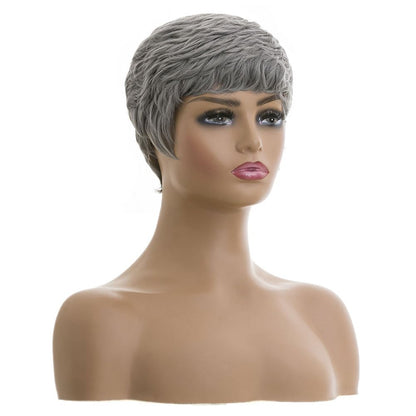 Black woman wearing short pixie cut wig with natural texture and layered volume