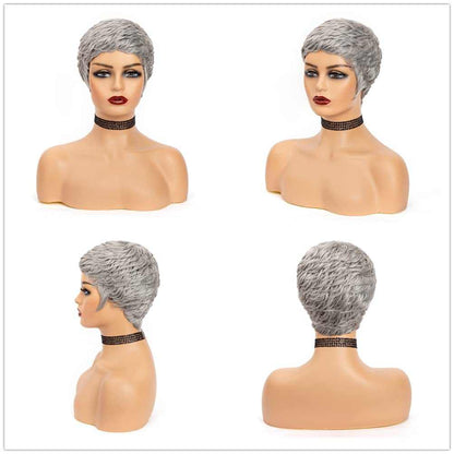 Black woman wearing a stylish short pixie cut wig with layered volume and natural texture