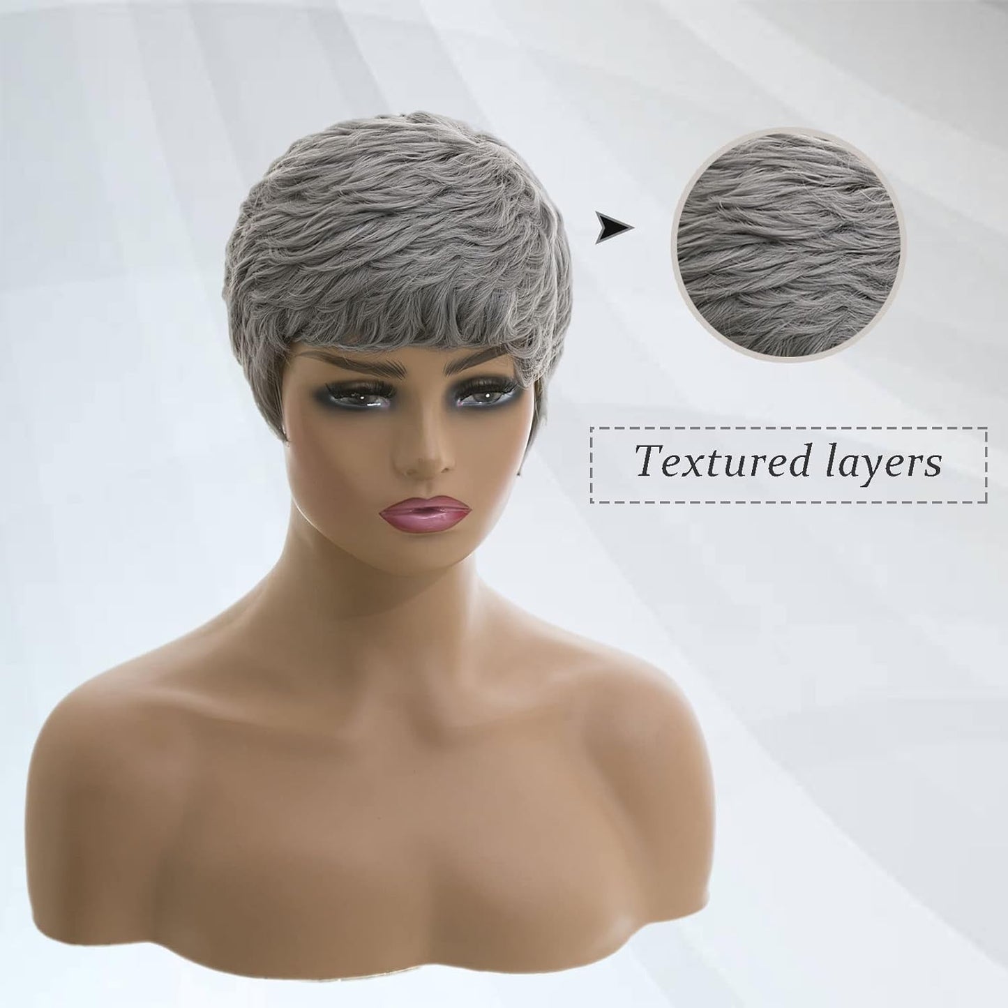 Black woman wearing stylish short pixie cut wig with natural texture and layered volume