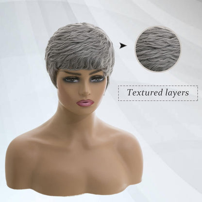 Black woman wearing stylish short pixie cut wig with natural texture and layered volume