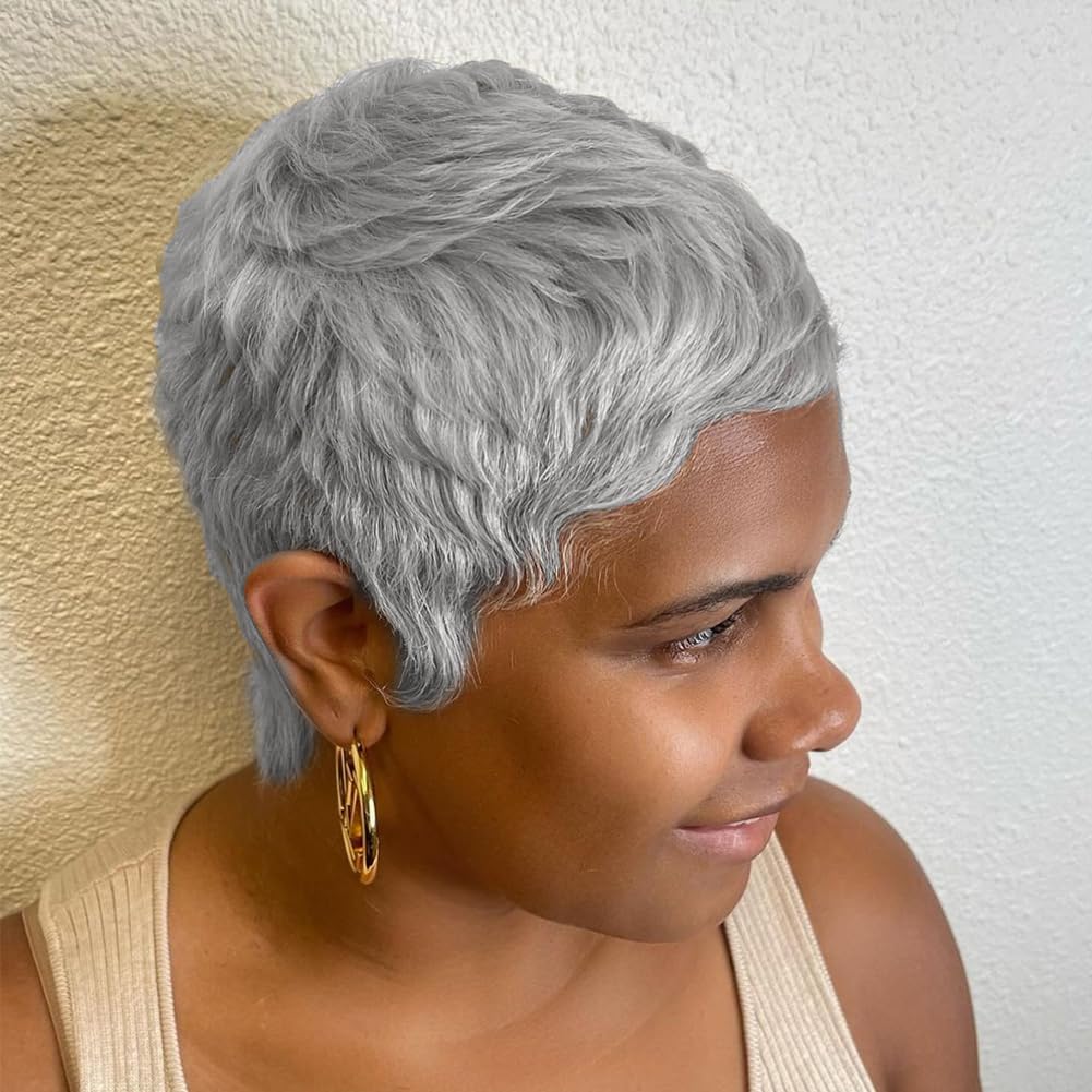 Black woman wearing a stylish short pixie cut wig with natural texture and layered volume