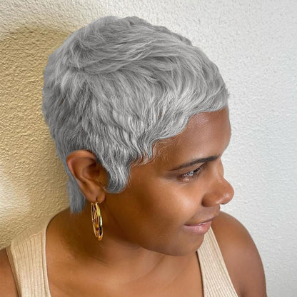 Black woman wearing stylish short pixie cut wig with natural texture and layered volume