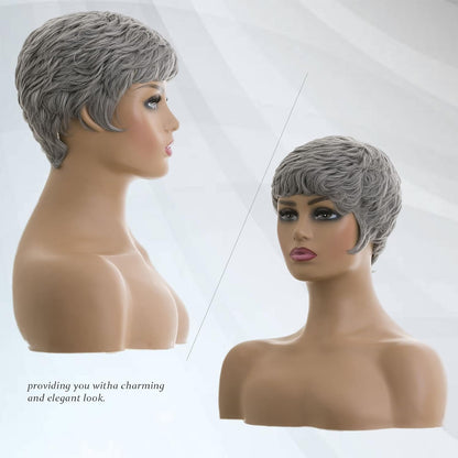 Black woman wearing stylish short pixie cut wig with natural texture and layered volume