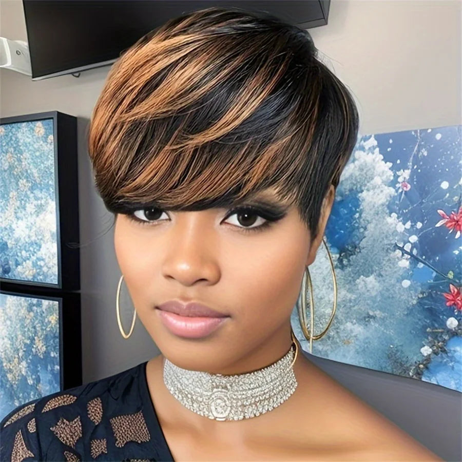 6inch 1b30 color machine made wig pixie wig pixie cut short straight human hair wigs 150% density remy hair for women