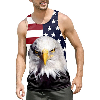 Men's summer graphic tank top with American flag and bald eagle design, sleeveless casual wear for warm weather