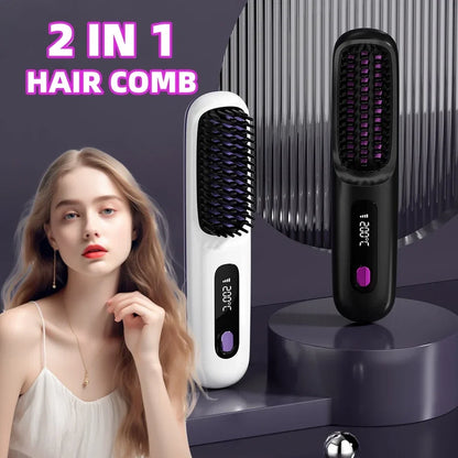 Electric Professional Negative Ion Hair Straightener Brush 2 In 1 Curling Comb Hair Curling Tool Straight Brush  USB Charging