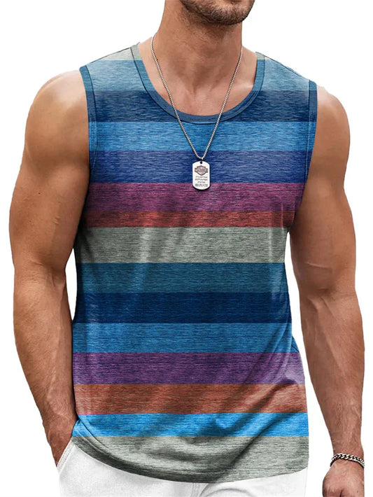 Men's graphic tank top with horizontal blue and purple stripes, sleeveless casual summer shirt