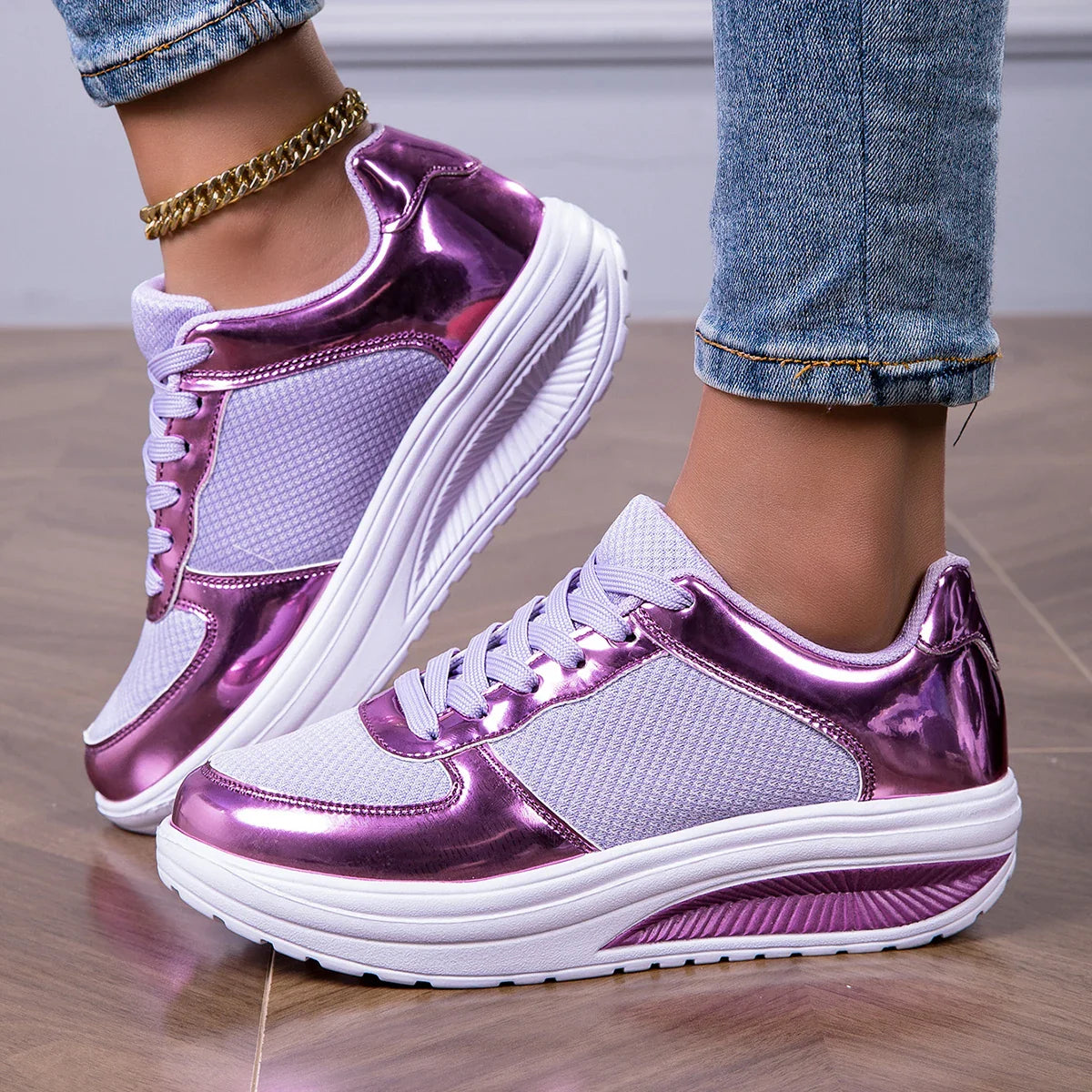 Women's walking shoes purple and white sneakers with thick sole worn with jeans