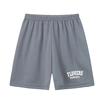 Gray kids summer shorts with elastic waist and "Flowers Powerfl" text, part of summer 2 piece set