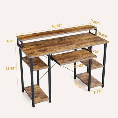 Computer Desk with Keyboard Tray, 47 Inch Office Monitor Stand and Storage Shelves, Music Studio Workstation, Work Table