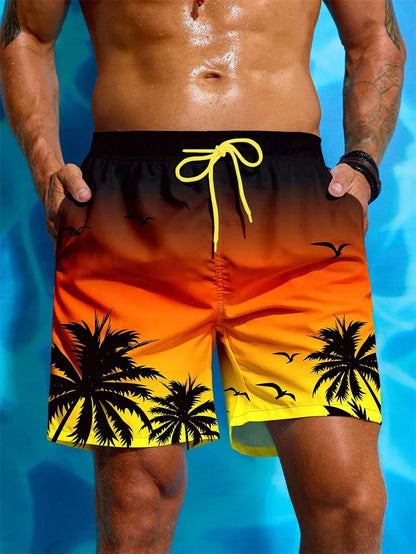 Men's summer swim trunks with sunset palm tree and bird print, yellow drawstring, tailored fit for beach and pool activities