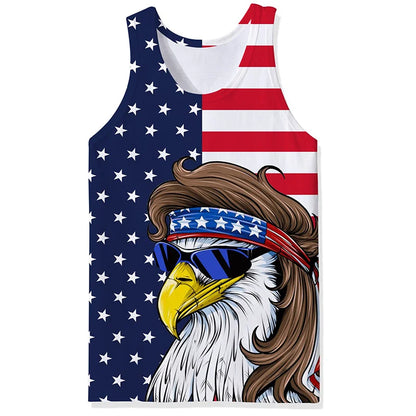 Men's summer graphic tank top with American flag and eagle wearing sunglasses design