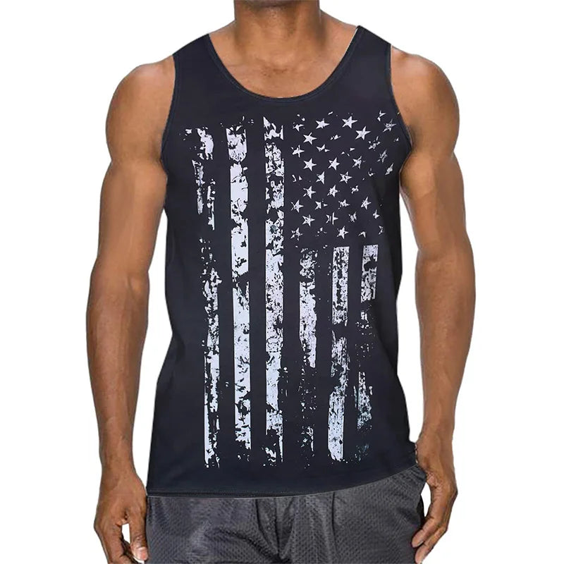 Men's summer graphic tank top with distressed American flag design, sleeveless casual wear for warm weather